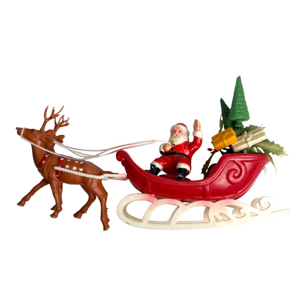 Vintage Blow Mold Santa Claus Sleigh Reindeer Tabletop Hong Kong